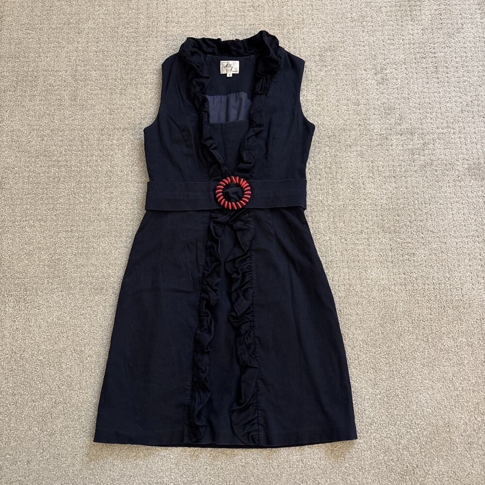 Milly New York Danielle Ruffle Sheath Dress Navy Blue Red Buckle Classic Preppy